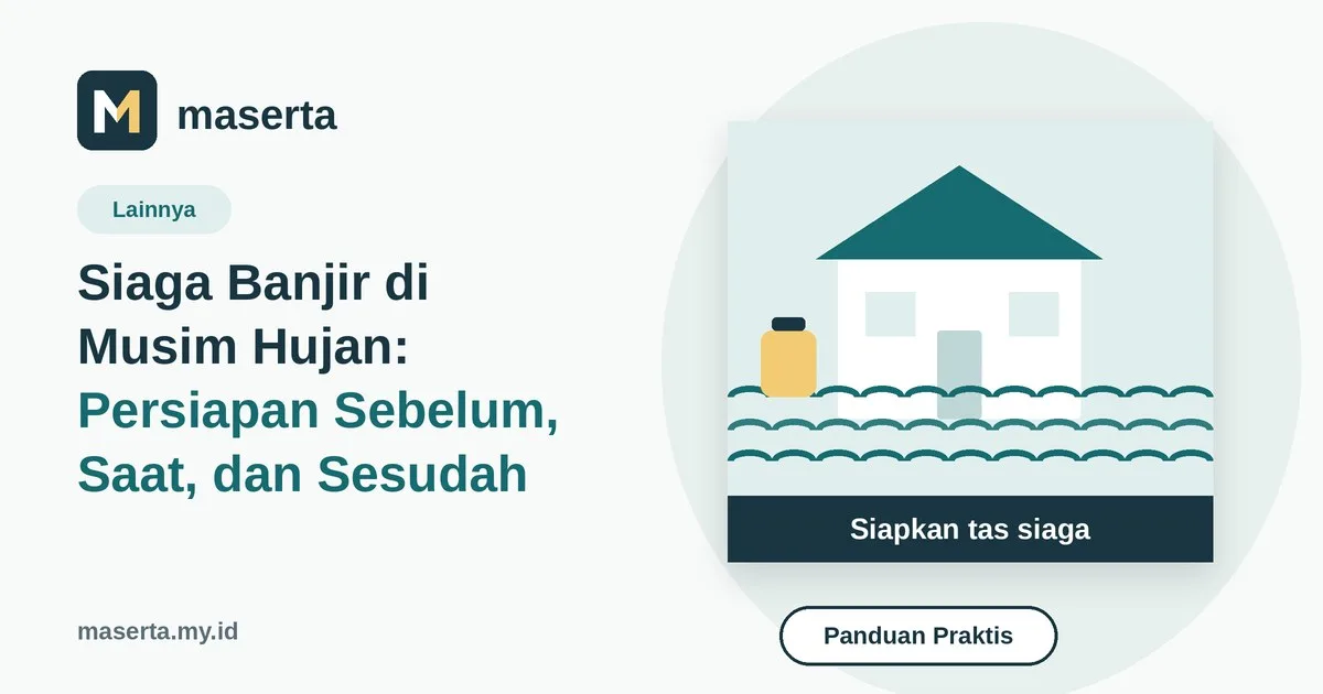Illustration of a house surrounded by floodwater with a yellow emergency bag beside it