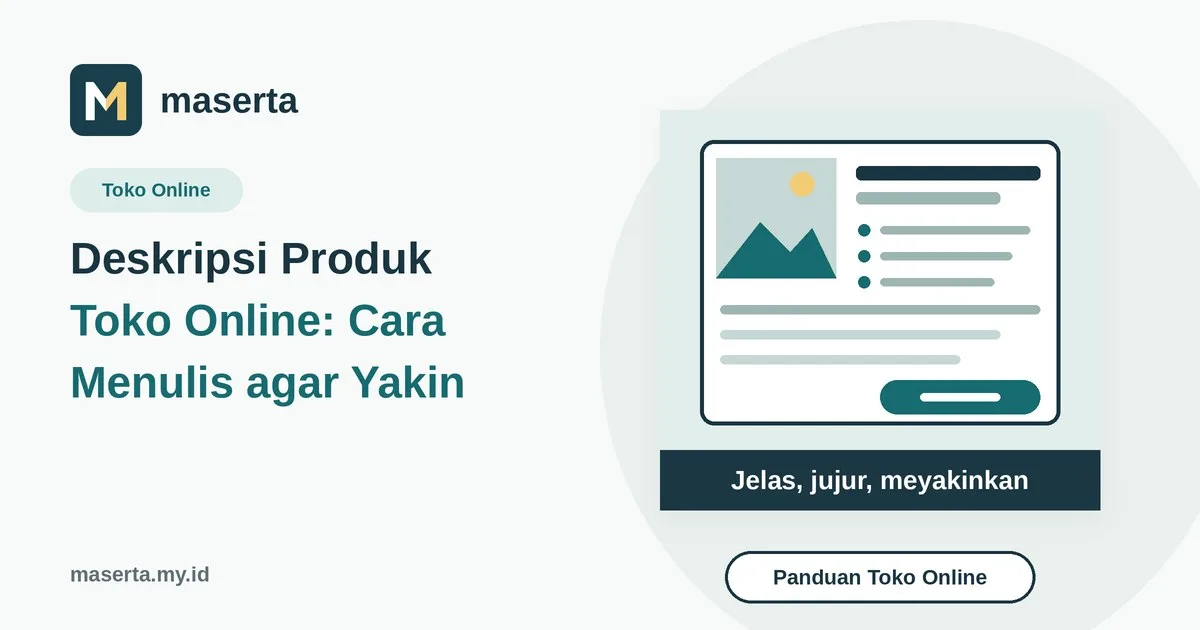 Ilustrasi kartu produk dengan judul, daftar spesifikasi, dan tombol beli di toko online