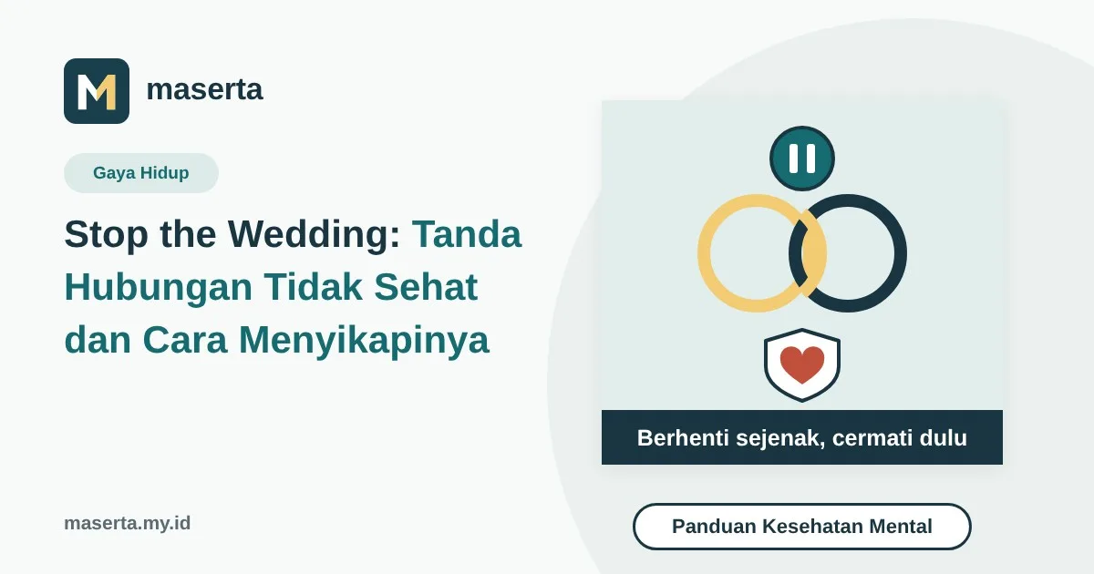 Ilustrasi dua cincin pernikahan dengan tombol jeda di atasnya dan ikon hati yang dilindungi perisai