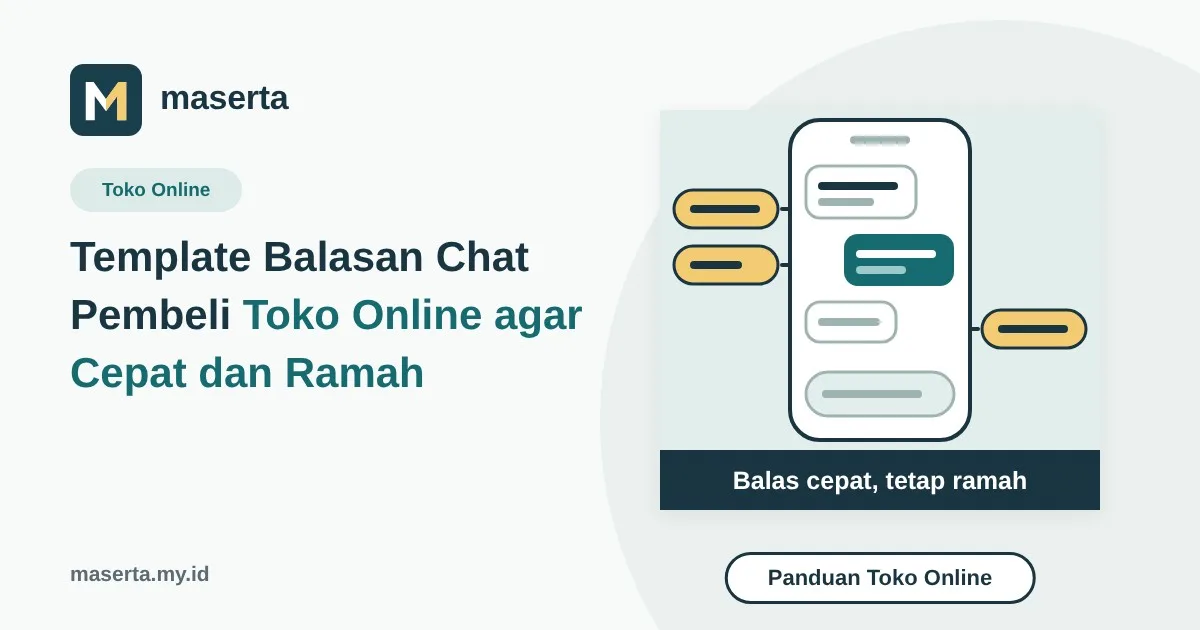 Ilustrasi ponsel dengan gelembung obrolan penjual dan pembeli serta deretan tombol balasan cepat