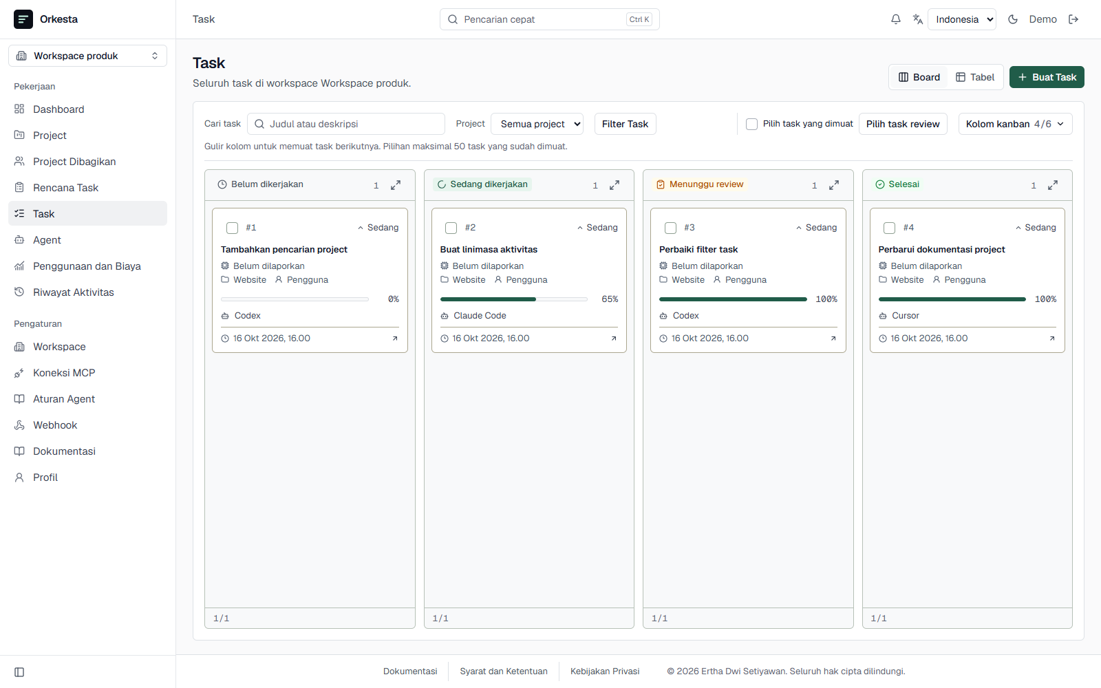 Board task Orkesta dengan kolom status dan progres pekerjaan agent