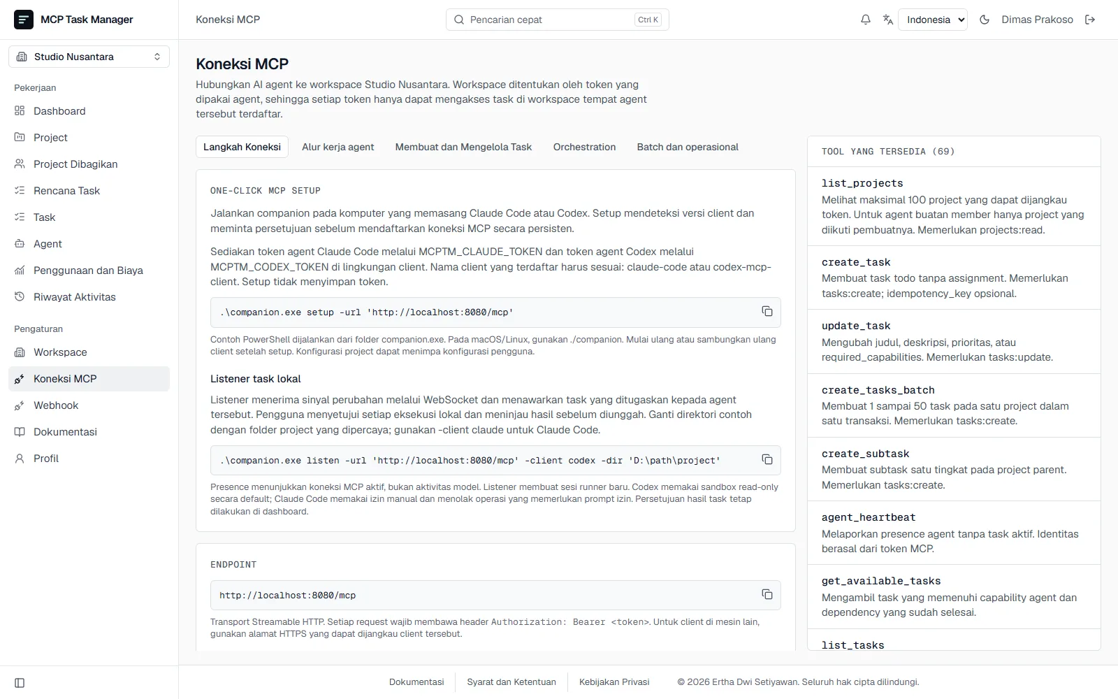 Halaman Koneksi MCP berisi perintah setup, listener lokal, dan daftar tool MCP yang tersedia