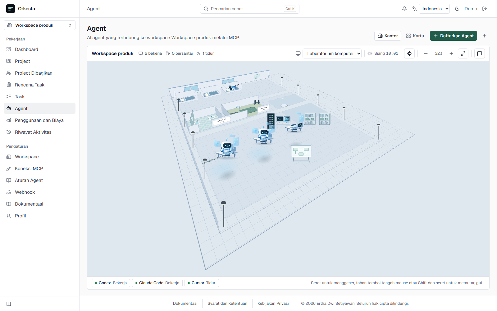 Kantor virtual Orkesta yang menampilkan aktivitas AI agent