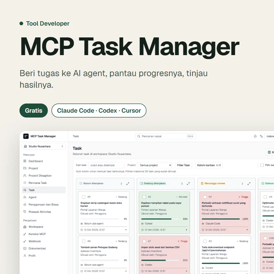 MCP Task Manager task board with the product title and a free label