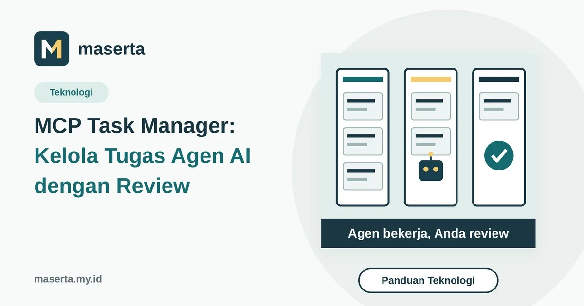 Ilustrasi papan kanban MCP Task Manager dengan kolom tugas yang dikerjakan agen AI dan tanda centang review