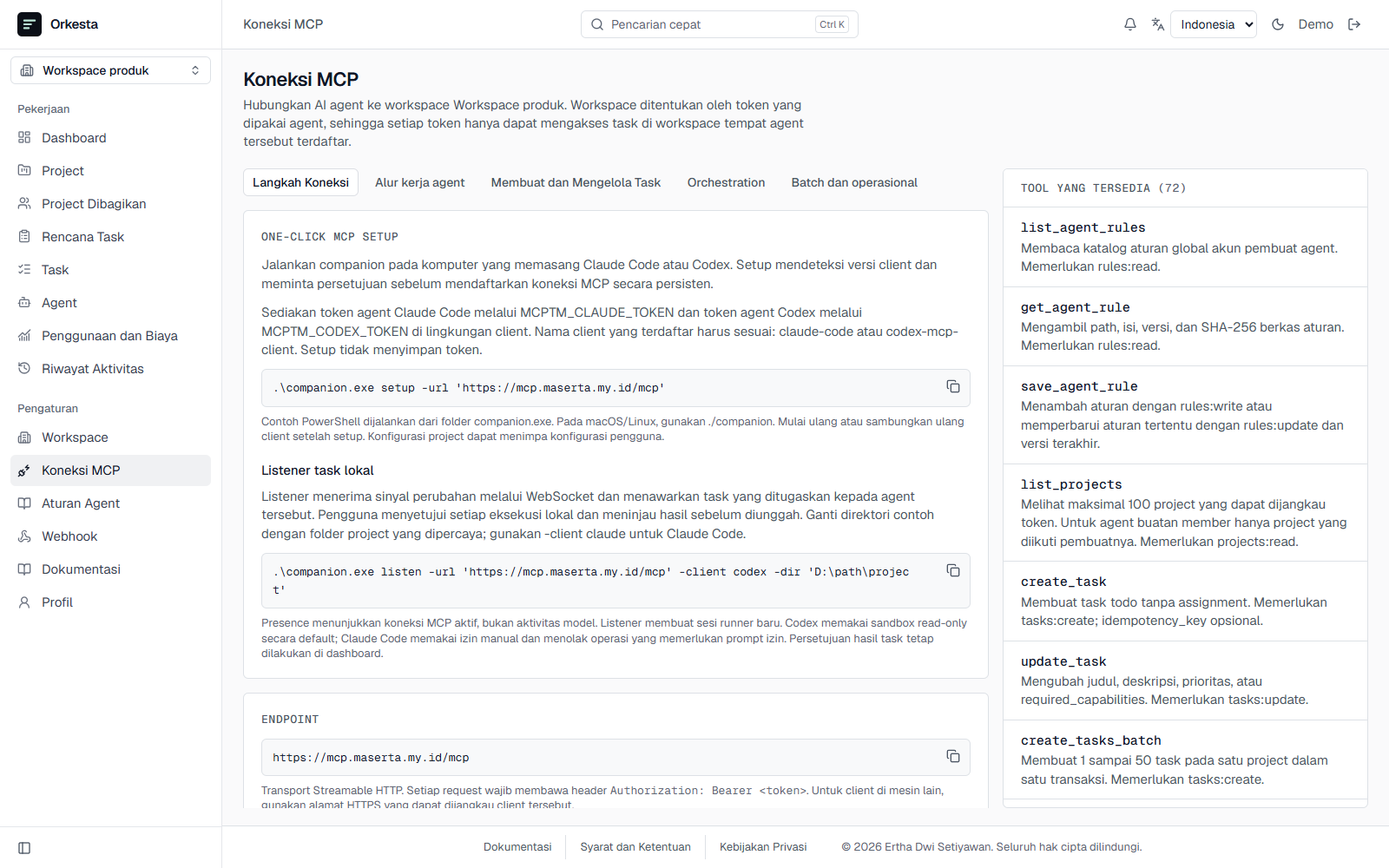 Halaman Koneksi MCP Orkesta dengan panduan setup dan daftar tool