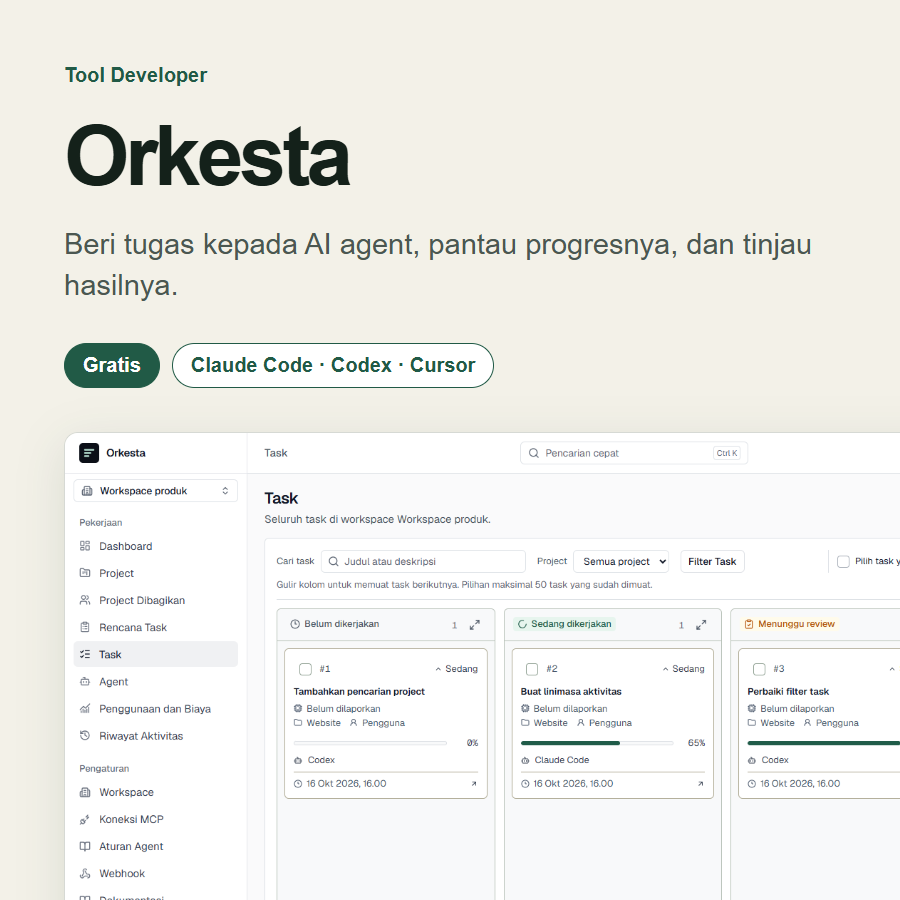Orkesta, alat pengelolaan tugas AI agent, dengan pratinjau board task