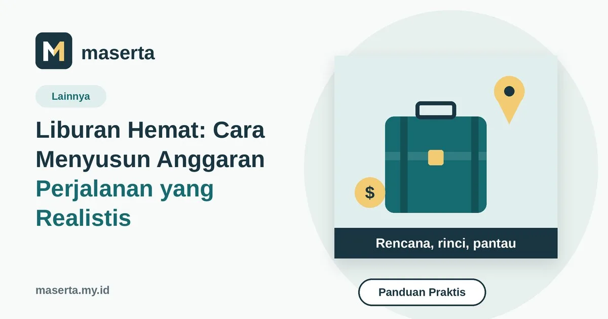 Ilustrasi koper, peta, dan kalkulator di atas meja untuk merencanakan anggaran liburan