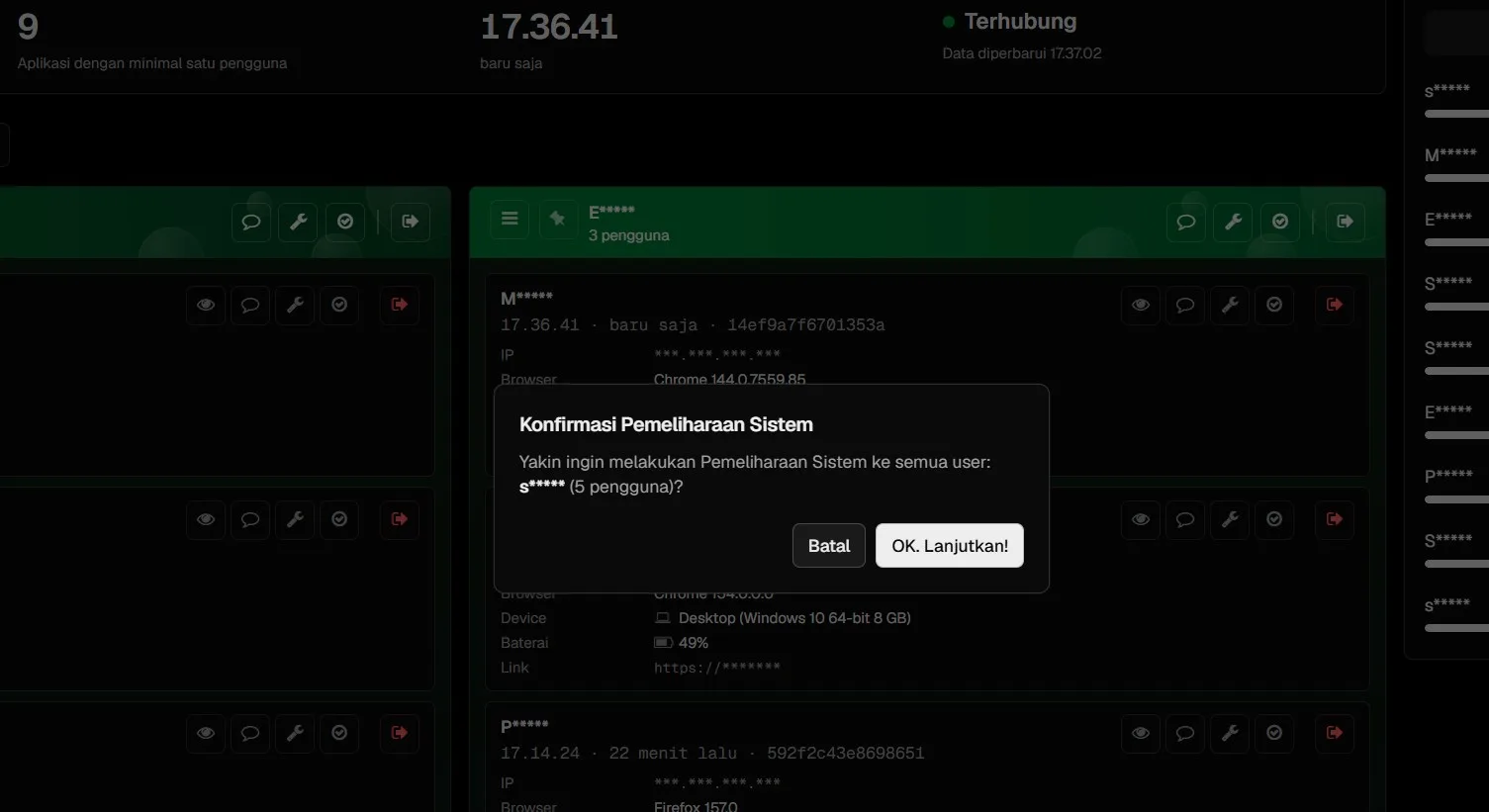 Pesan konfirmasi pemeliharaan sistem ke pengguna yang sedang aktif